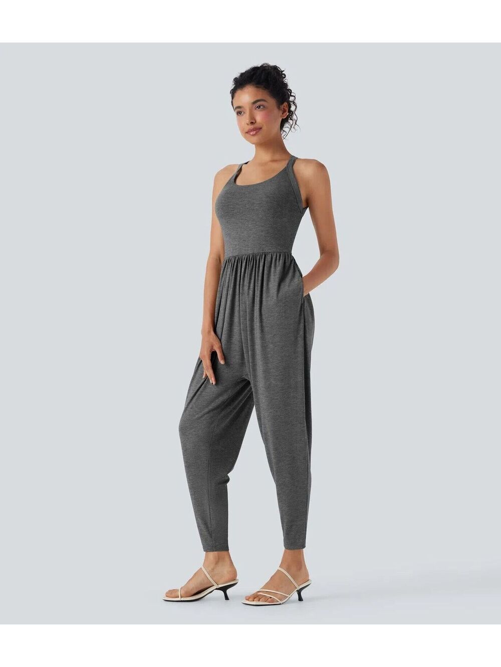 Built-in Bra Harem Casual Jumpsuit with Pockets- Gray ($55.95)